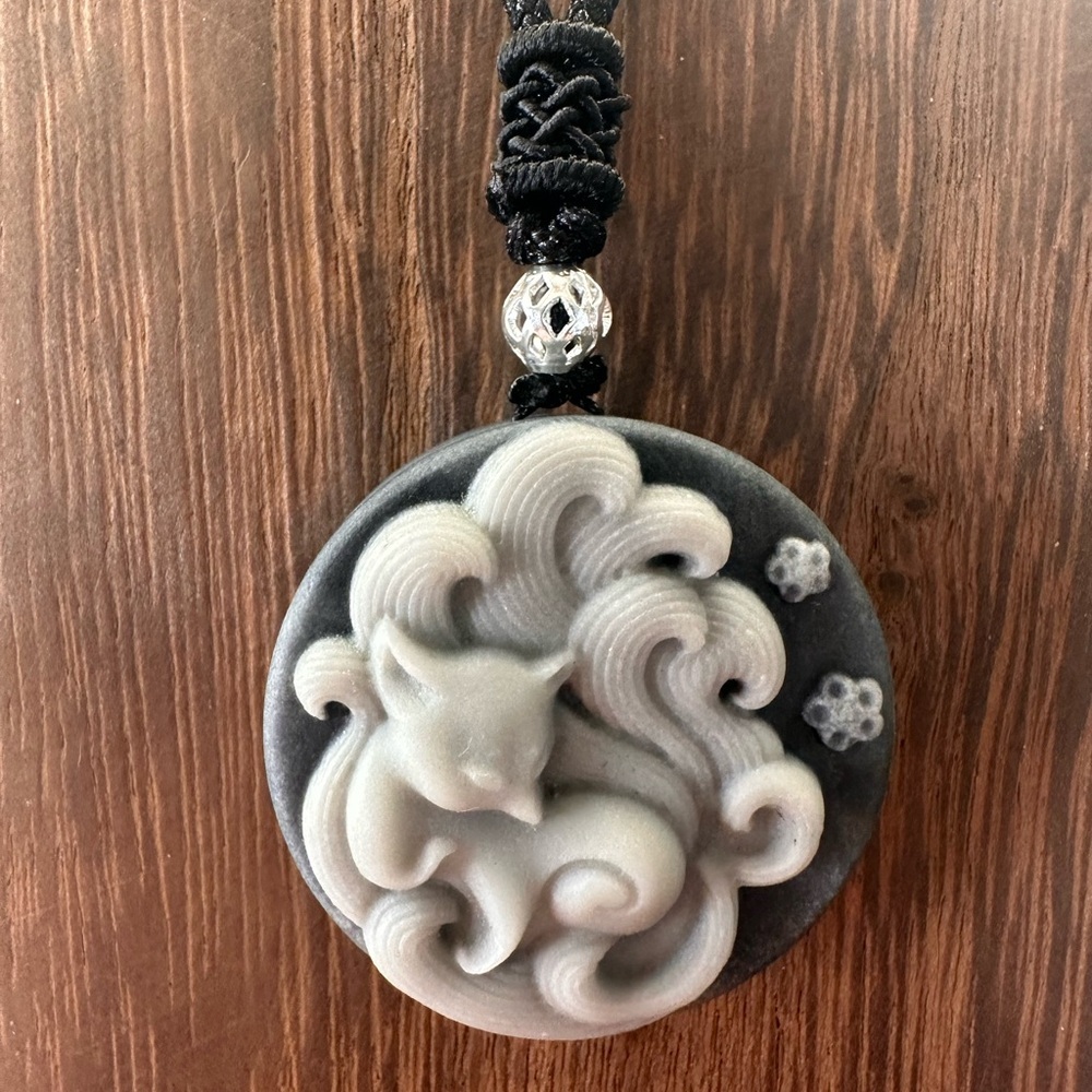 Tai Chi Stone Nine Tail Fox Pendant on Black Adjustable Rope - Picture 10 of 15